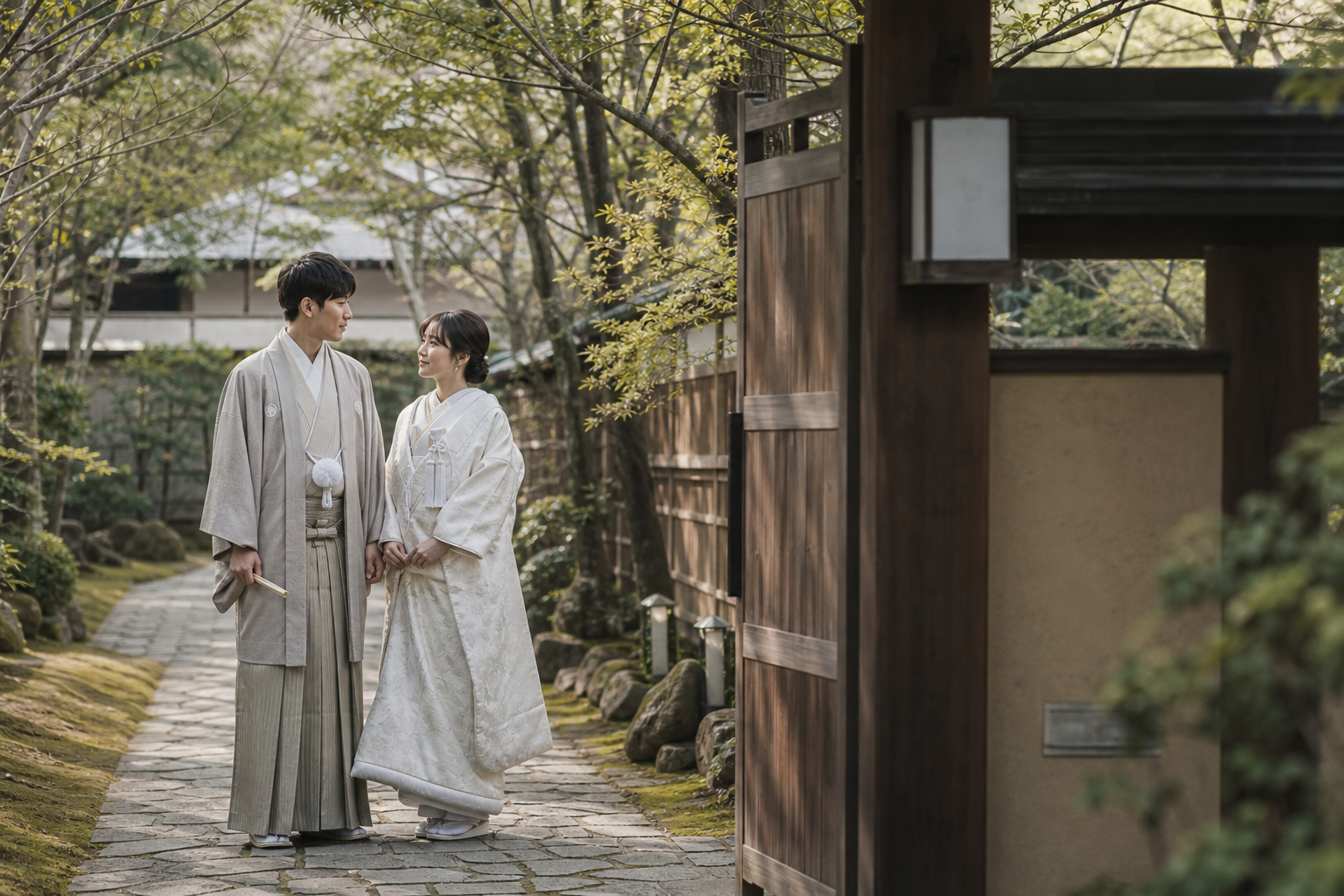 和の庭で和装前撮りをする新郎新婦