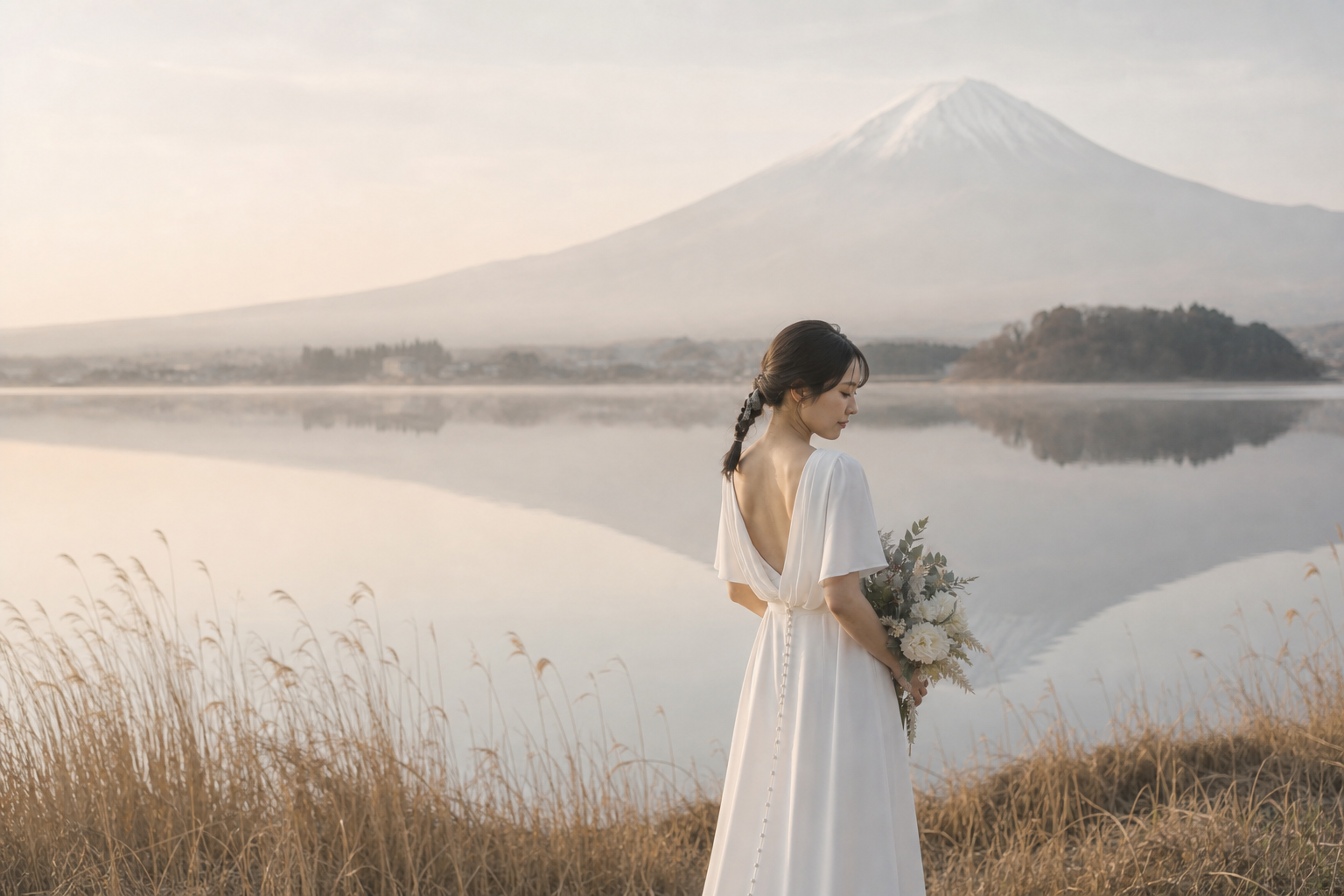 富士山と湖の前撮りイメージ